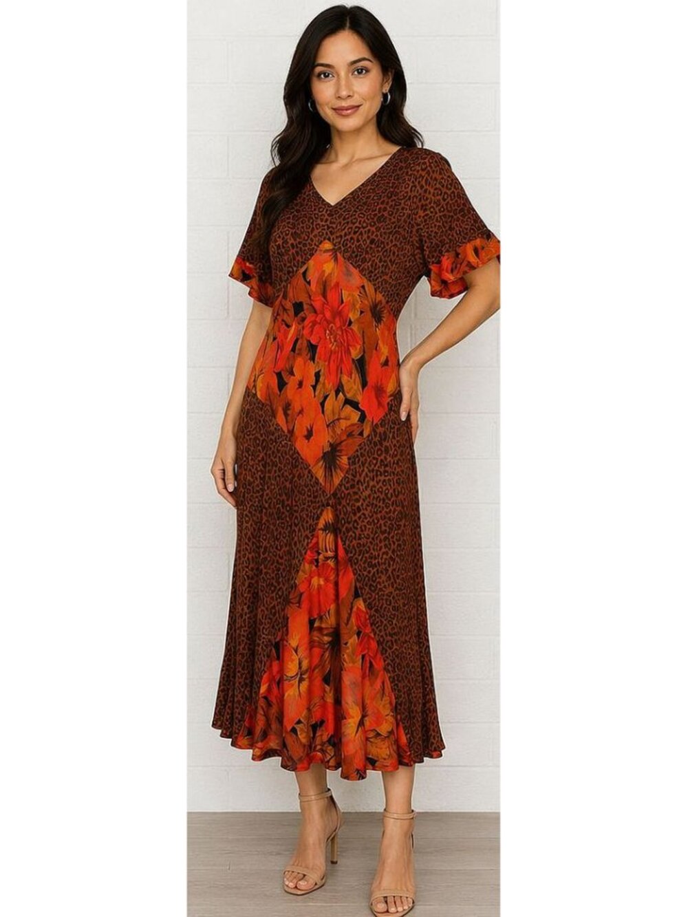 Carole Little 12 P Hibiscus Leopard Fit & Flare Bias Patchwork Midi Dress VTG